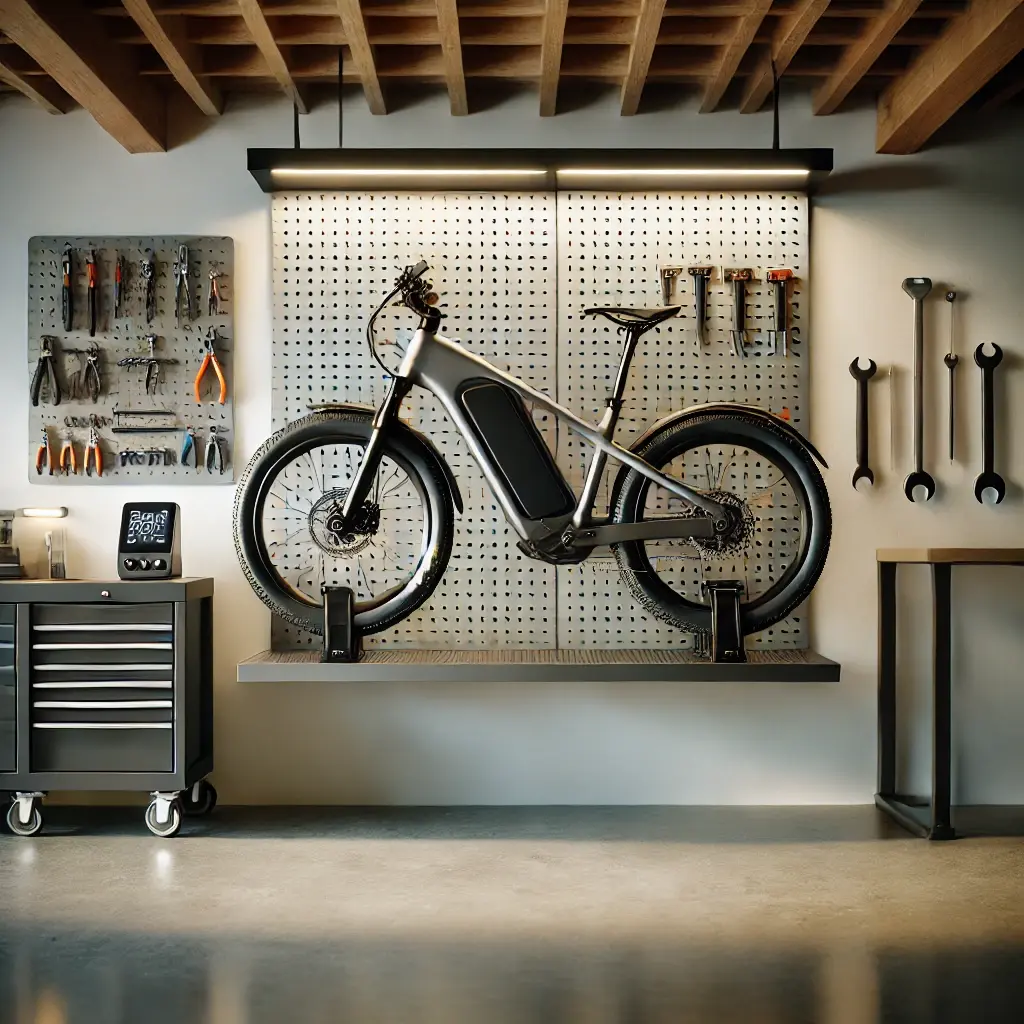 DALL·E 2024 10 04 13.05.10 A hyper realistic image of an electric bike mounted on the wall inside a modern garage. The garage has a clean and organized look with tools arranged